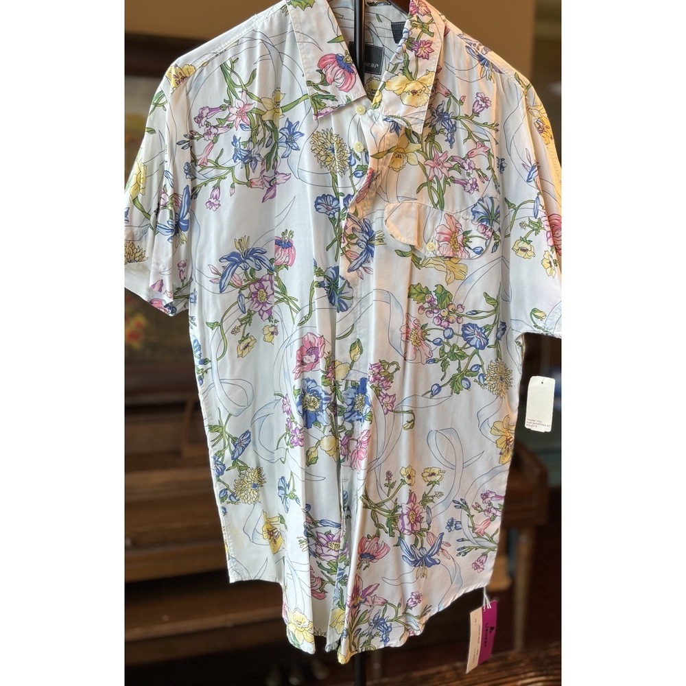 Lizwear Men's White Multicolor Floral Polyester Button-Up Shirt L Regular SS